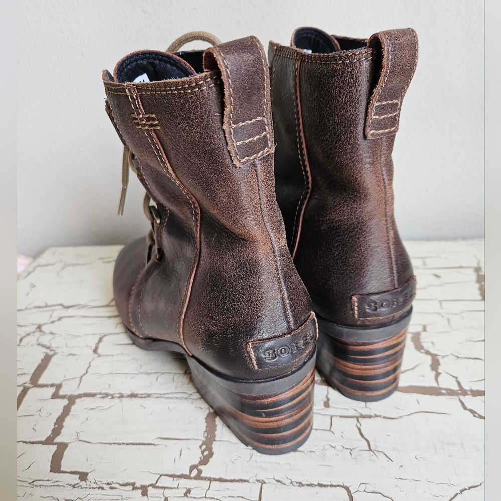 Sorel Cate Lace Up 8.5 Brown Heeled Leather Boots Excellent Condition - Picture 5 of 8